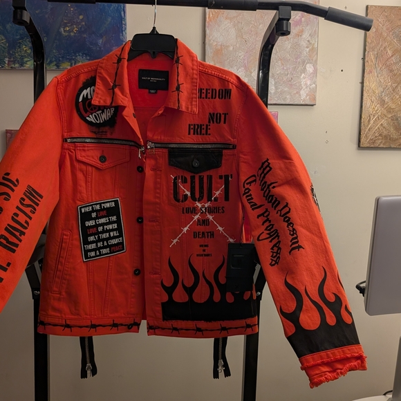 Cult of Individuality Varsity Bomber Jacket in Orange and Black - Picture 9 of 11